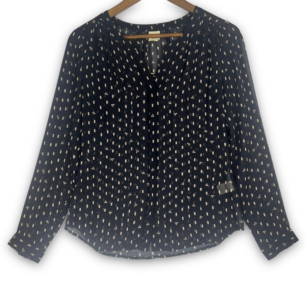 Ecru 100%‎ Silk Cream Bird Butterfly Print Hidden Button Up Sheer Blouse XS